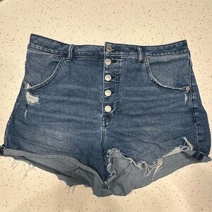 Express Distressed High-Waisted Denim Curvy Mom Shorts
